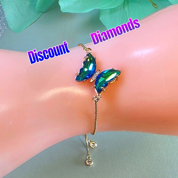 Green Crystal Butterfly Adjustable Bracelet 14K Gold Plating - Picture 1 of 7